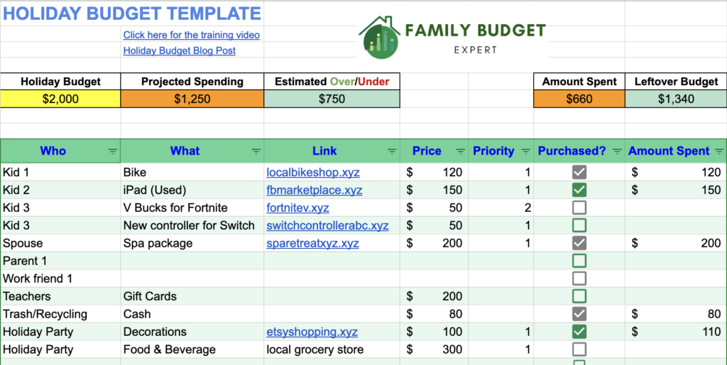 holiday budget template